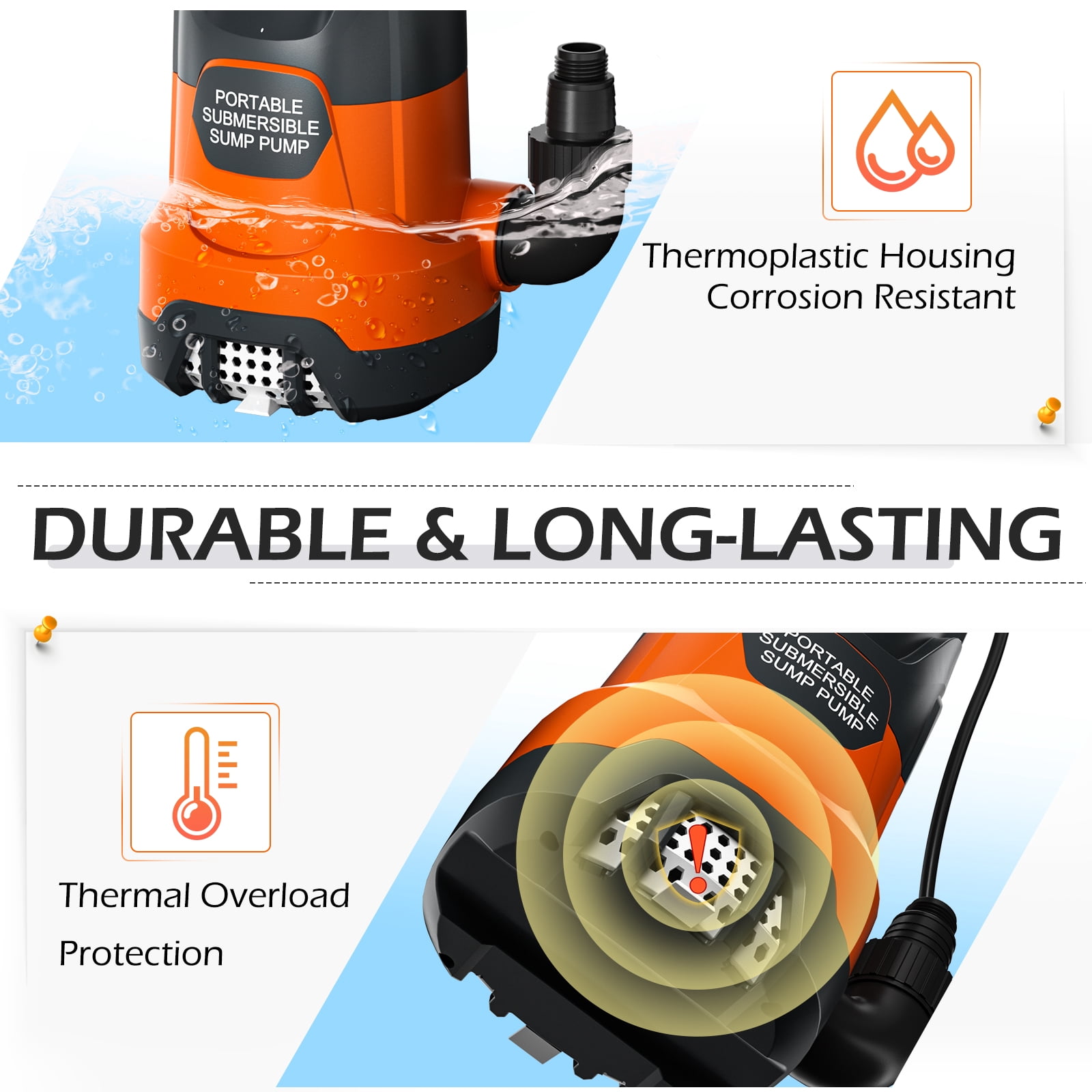 Sump Pump with Float Switch Submersible Water Pump Automatic 1.2HP 5000GPH Portable Dirty Clean Water Transfer Pump for Pool Draining Hot Tub Basement
