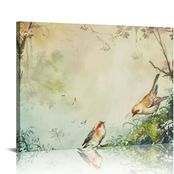 FCXZI Couple Birds Oil Painting Birds Nest Canvas Wall Art Botanical Bird Picture Wall Decor Spring Hummingbird Artwork Bird Themed Vintage Art Gift for Family Restroom 16x12in