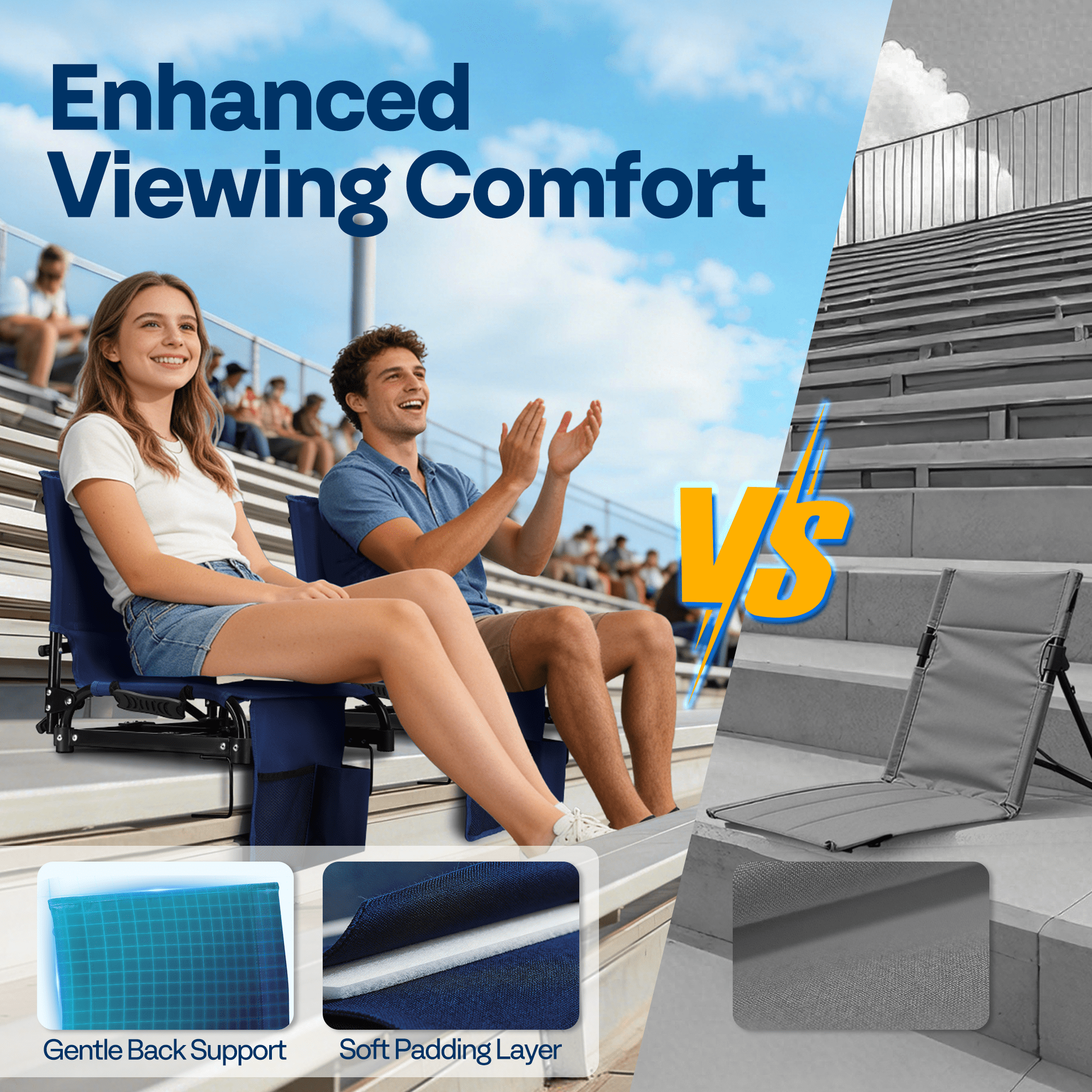 SPECSTAR Portable Folding Stadium Seat for Bleachers,Bleacher Chair Padded Cushion with Back Support, Waterproof & Lightweight Chair with Cup Holder 2 Pack , 350lb Capacity,Gray