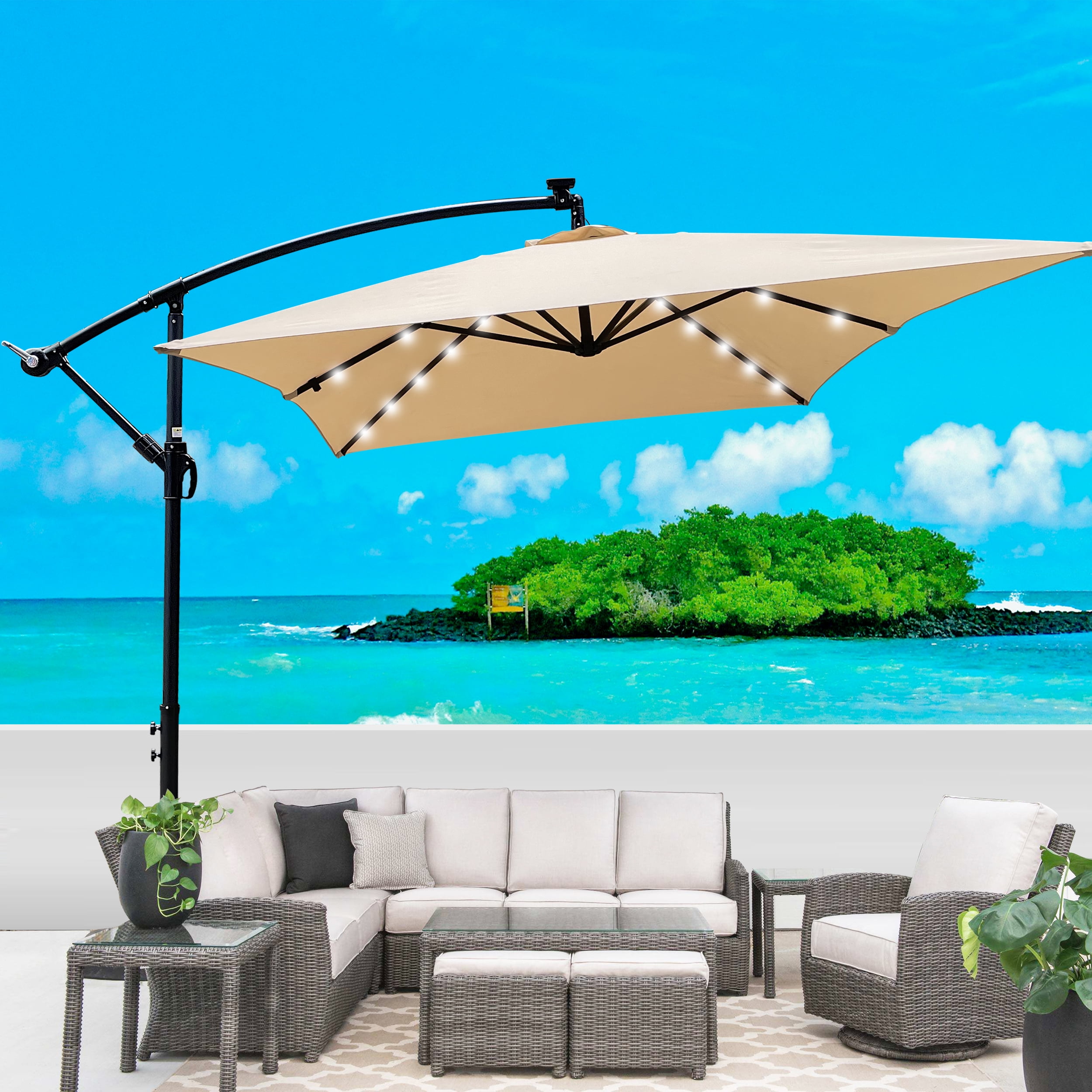 2x3M Rectangular Outdoor Patio Umbrella, Solar LED Lighted Sun Shade Canopy with 6 Ribs & Crank Base, Tan