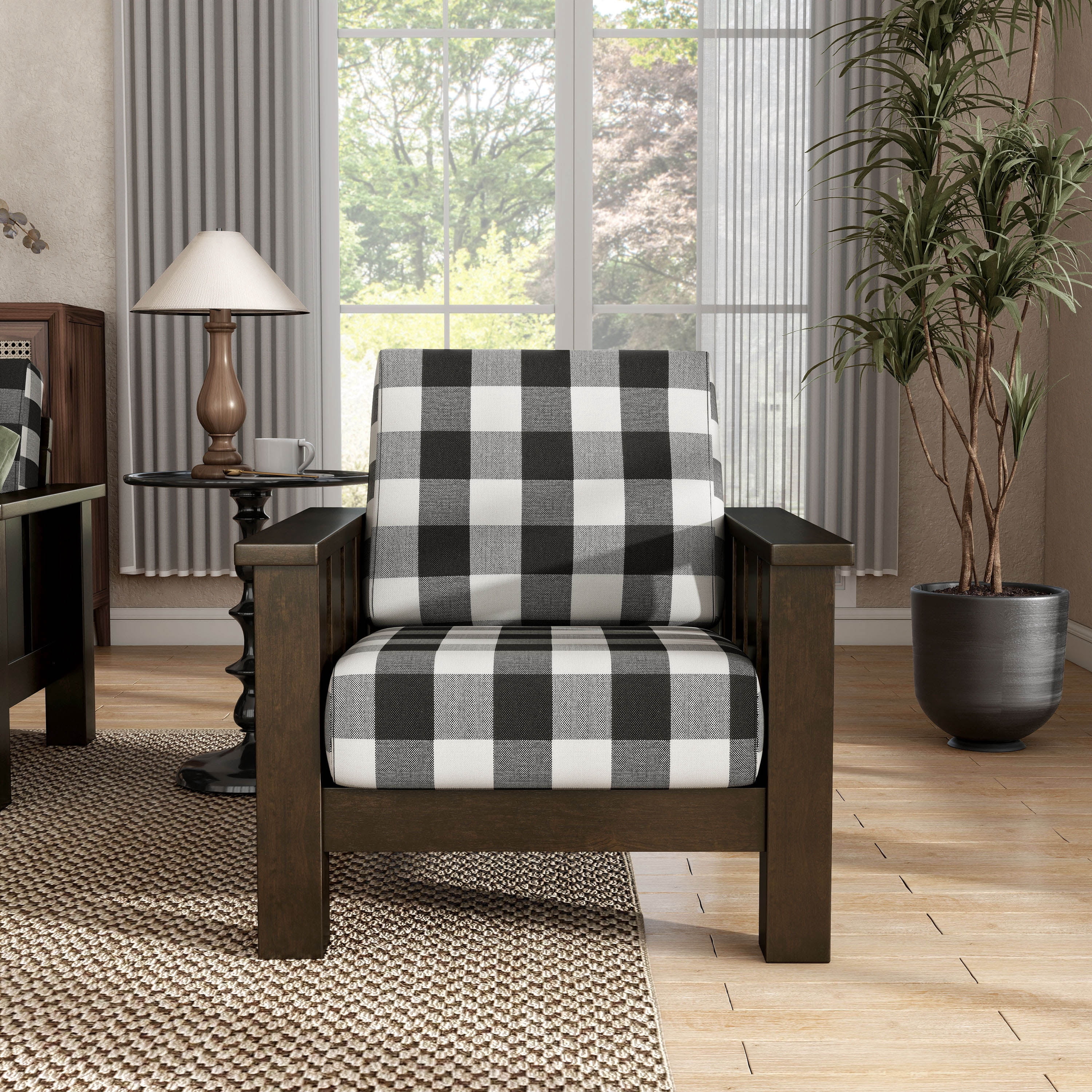 Furniture of America Moose Rustic Solid Wood Plaid Pattern Cushion Armchair, Dark Walnut