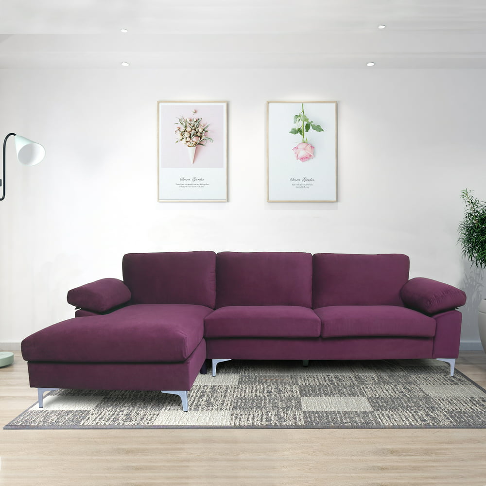 Home Modern Large Velvet Fabric Sectional Sofa L-Shape Couch Purple