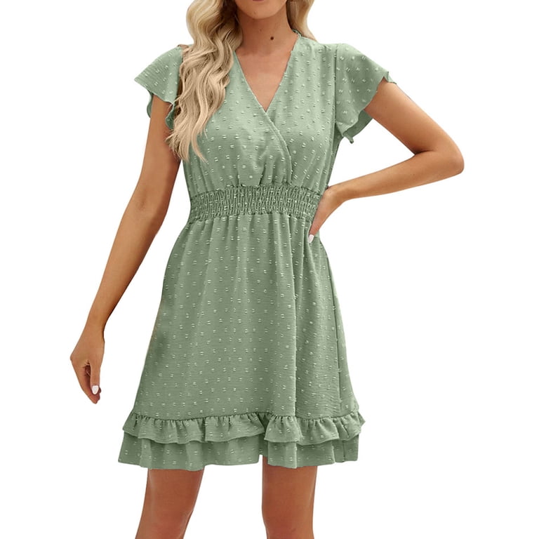 Bigersell Women Summer Mini Dress Wrap V-Neck Short Sleeve Ruffle Swing Dress Casual Loose Pleated A-Line Cocktail Party Evening Dress Fashion