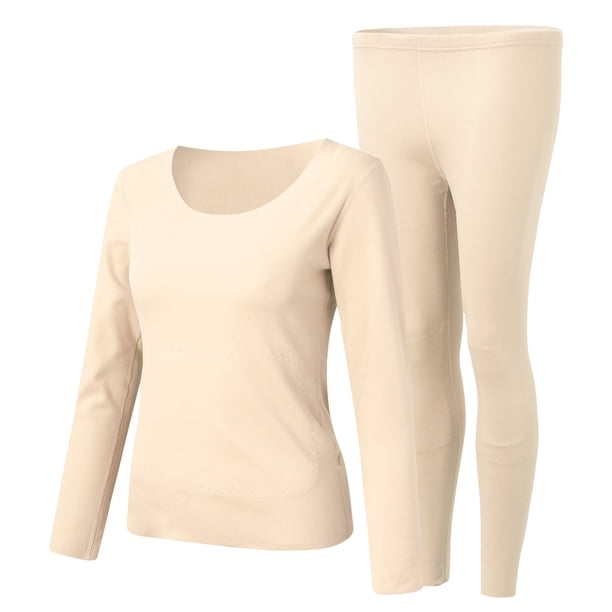 Gibobby Ropa interior acolchada Regalo de Navidad para mujer, cuello redondo, forro polar, ropa interior térmica, chaleco, tops de invierno, 1 paquete de pantalones y tops(Beige, XXL)