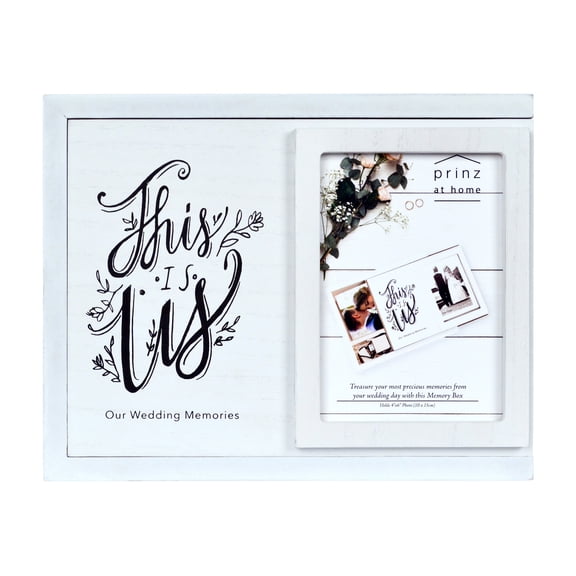 Prinz Decorative Wedding Memories Keepsake Box, Sliding Lid with 4” x 6” Photograph Holder, White