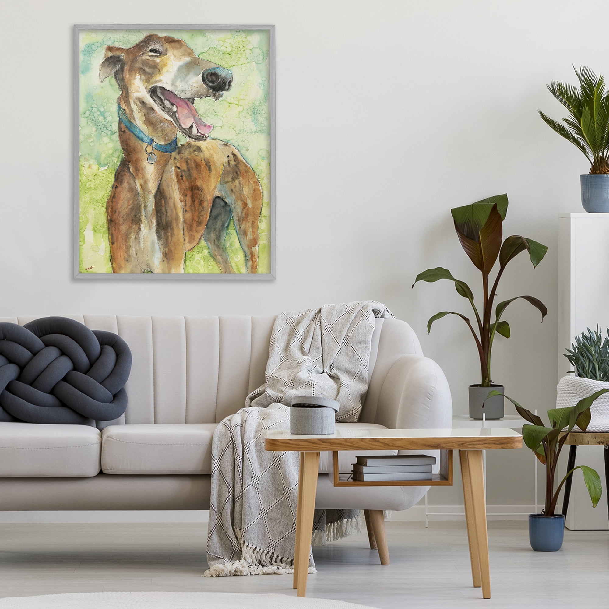 Stupell Industries Greyhound Smile Watercolor Gray Framed Giclee Art, design by Patti Mann