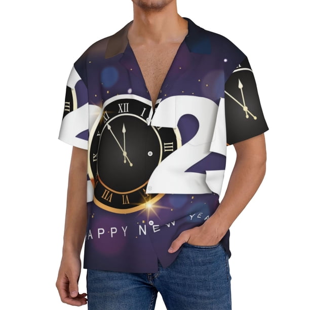 Fotbe 2025 Happy New Year 4 Camisa Estampada de Manga Corta para Hombre, Casual de Verano, Estilo Playero, Sin Arrugas-Small