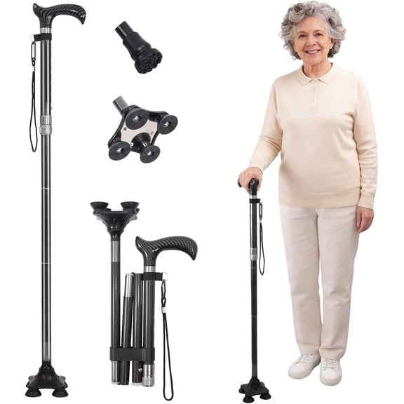 Adjustable Walking Cane for Men & Women, Premium Carbon Fiber Black Cane,Folding Walking Cane,Ultralight 0.55 Lb,Supports 300 Lbs,Walking Stick for Seniors