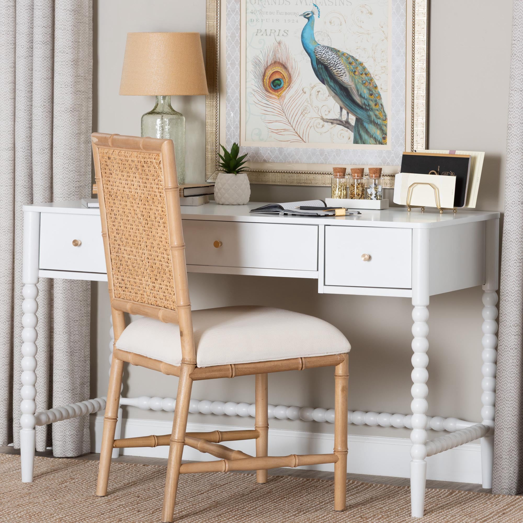 Baxton Studio Lucera Farmhouse Writing Desk, 3-Drawer, White