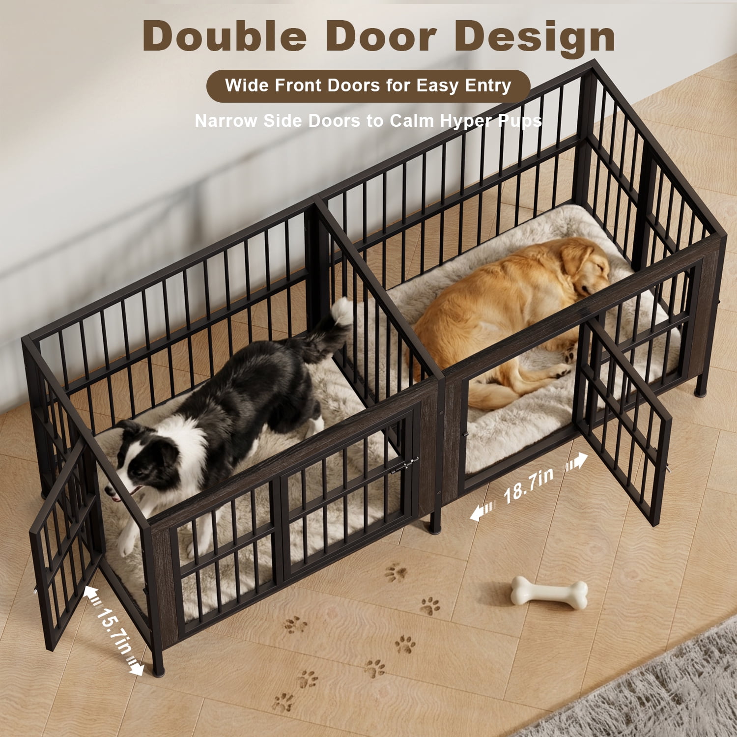 YOKWOK 78 Inch Dog Crate Furniture for Medium/Large Dogs with Removable Divider, Double-Doors Dog Kennel Furniture,Thick Wooden Dog Cage Furniture, Black