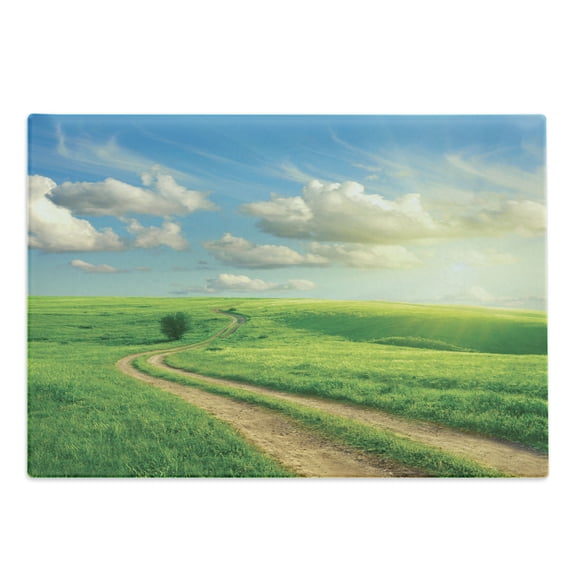 Landscape Cutting Board, Tranquil Nature Outdoor Scene with Grassy Hill Fluffy Cloudy Summer Sky Pathway, Decorative Tempered Glass Cutting and Serving Board, in 3 Sizes, by Ambesonne