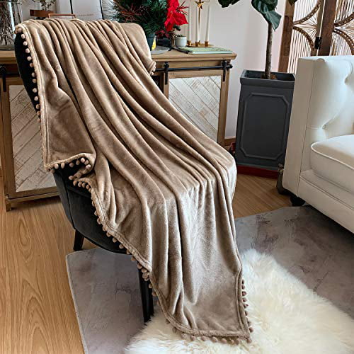 Yellow, 51x63 BT.WA Throw Blanket with Pompom Fringe Flannel Blanket Bed Blanket Soft Throw Blanket for Couch Sofa Home Decor 