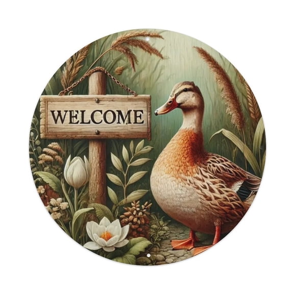 Duck Themed Welcome Round Tin Sign Vintage Metal Poster Living Room Bar Man Cave Home Wall Art Decor 8x8inch