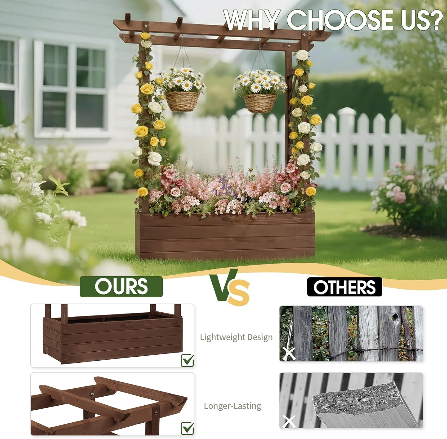 Raised Garden Bed with Trellis, Wood Planter Box with Hanging Roof, Side Trellis and Drainage Holes, Above Ground Elevated Garden Bed for Outdoor Climbing Plants Vegetables(Carbonized Color)