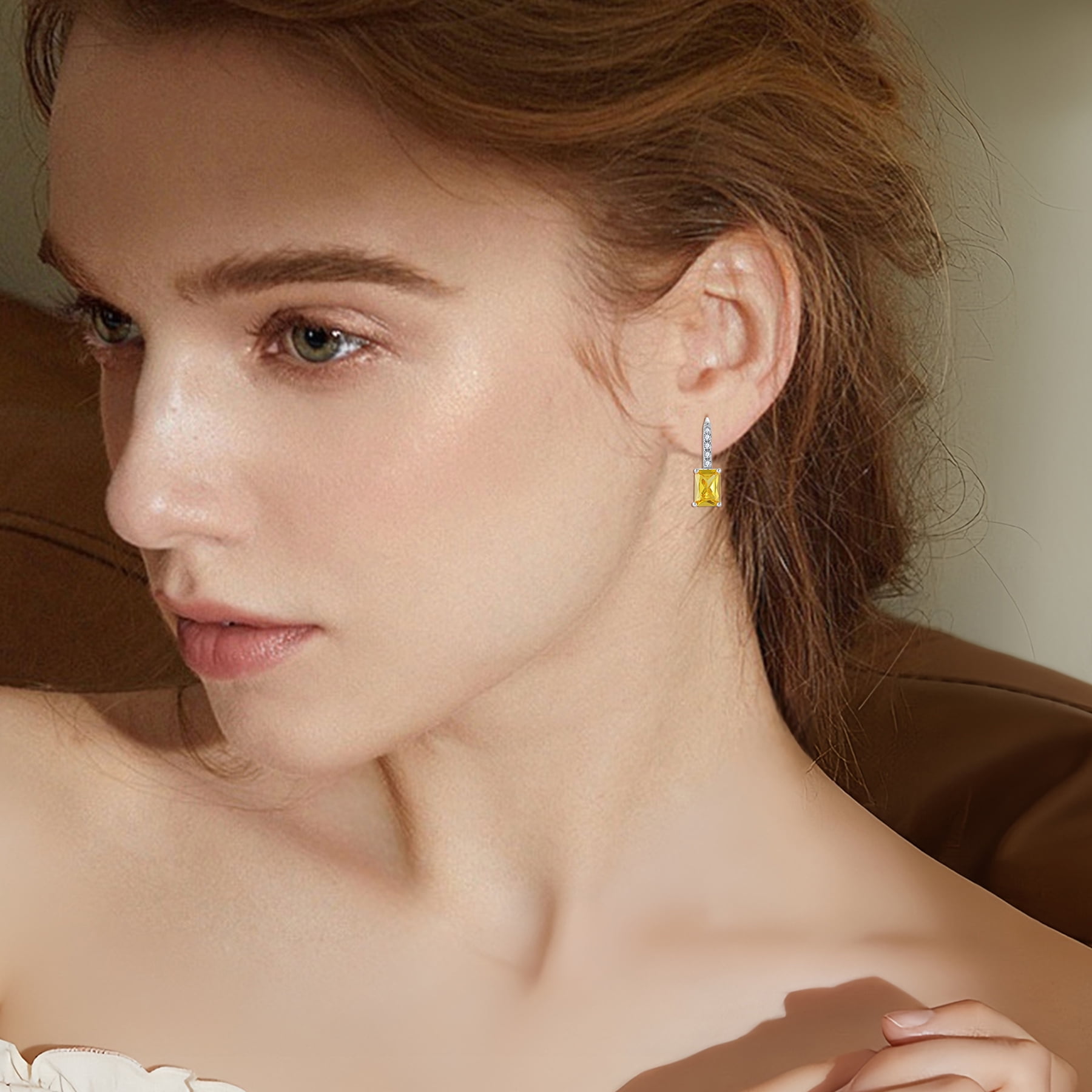 FJ Princess Cut Dangle Drop Earrings 925 Sterling Silver Square Leverback Earrings November Birthstone Citrine Jewelry Gifts for Women