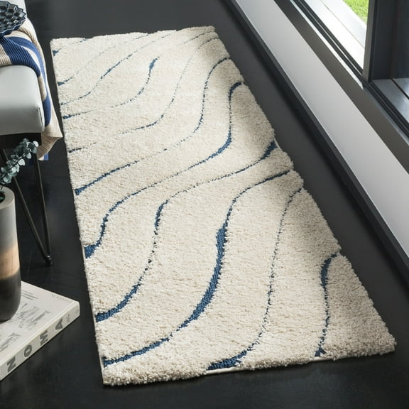 SAFAVIEH Florida Tabitha Geometric Waves Shag Runner Rug, Cream/Blue, 2'3" x 7'