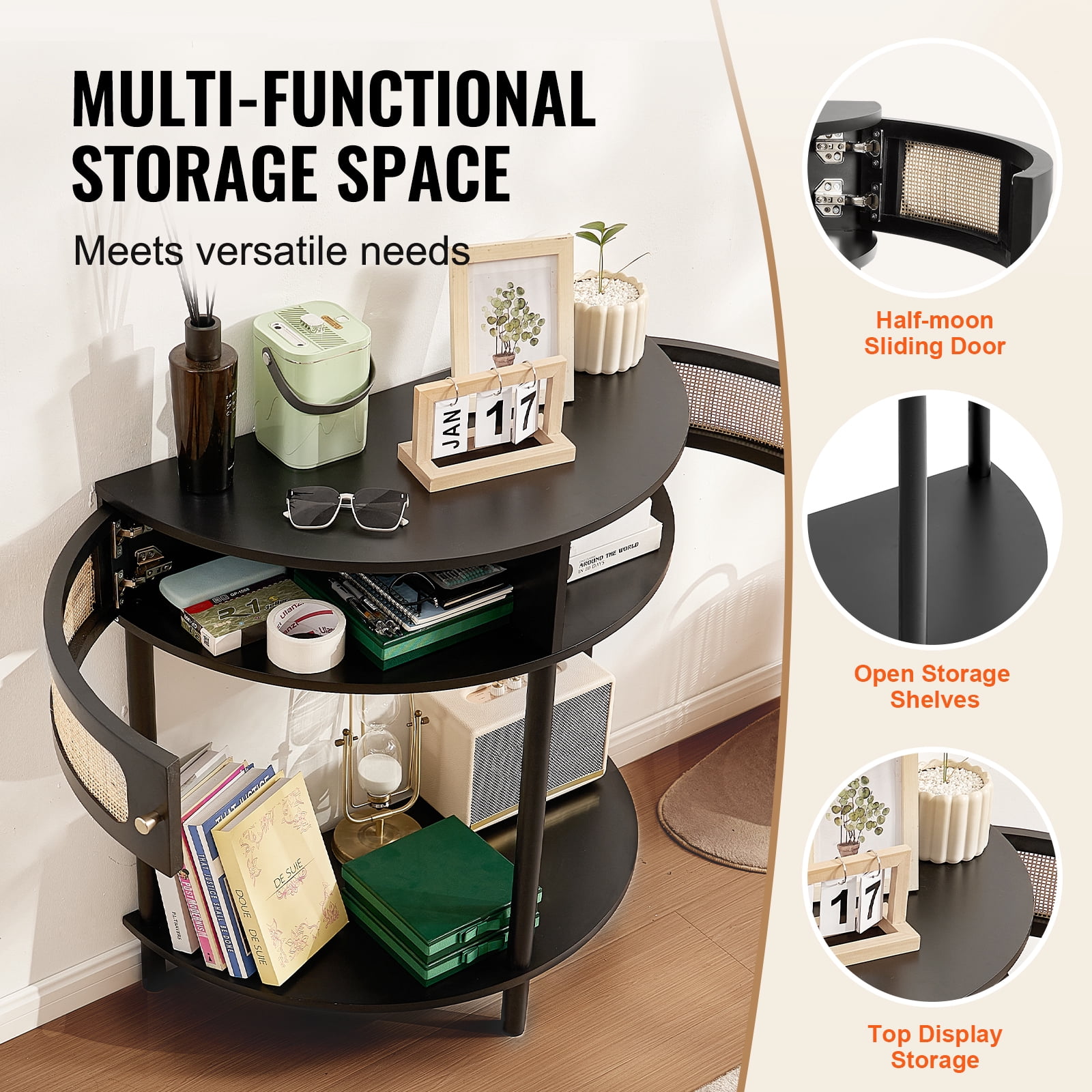 KFFKFF Semi-Circle Rattan Accent Table with Dual Drawers, Entryway Rattan Table Featuring Sliding Natural Rattan Door, Storage-Friendly Table for Lounge, Study, Foyer, or Media Wall, in Black