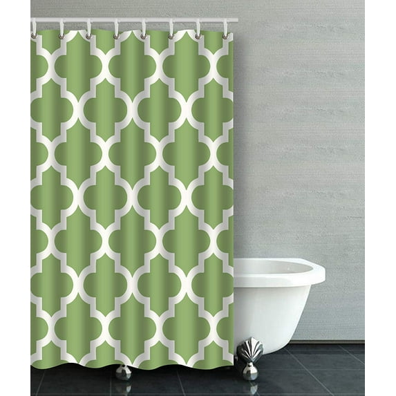 ARTJIA Olive Green And White Moroccan Quatrefoil Pattern Bathroom Shower Curtain 48x72 inches