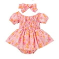 thumbnail image 1 of Felwors Infant Girls Short Sleeve Floral Printed Romper Bodysuits Headbands Set, 1 of 7