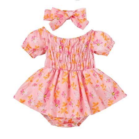 

Toddler Girls Short Sleeve Floral Printed Romper Bodysuits Headbands Set Newborn Infant Child Clothing Streetwear Kids Dailywear Outwear