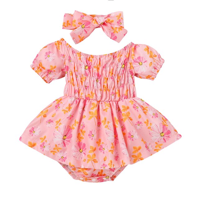Felwors Barboteuse à Manches Courtes à Imprimé Floral pour Bébés Filles, Ensemble avec Bandeaux