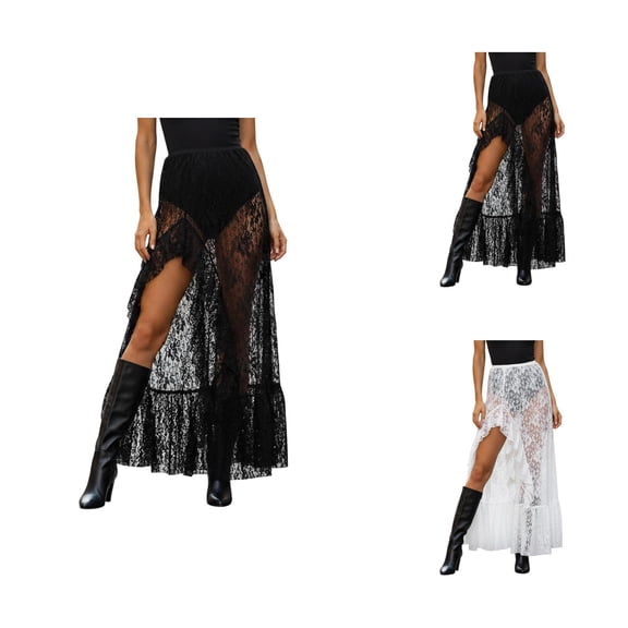 Womens Lace Skirt Beach Skirt Cover Up See through Floral Lace Maxi Skirts Asymmetrical Flowy Fairy Skirts