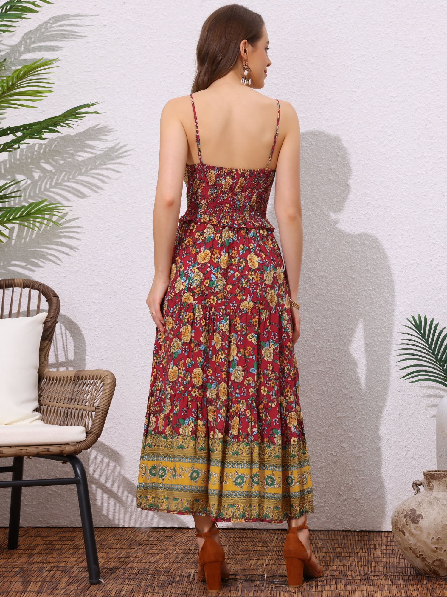 DARING DIVA Women's Boho Floral Spaghetti Strap A Line Maxi Dresses XS Red