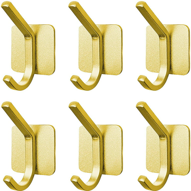 Adhesive Hooks Heavy Duty Stick on Wall Hooks Waterproof Aluminum for  Hanging Clothes Towel Hooks Gold Door Hooks Holder Bathroom Kitchen 6PCS