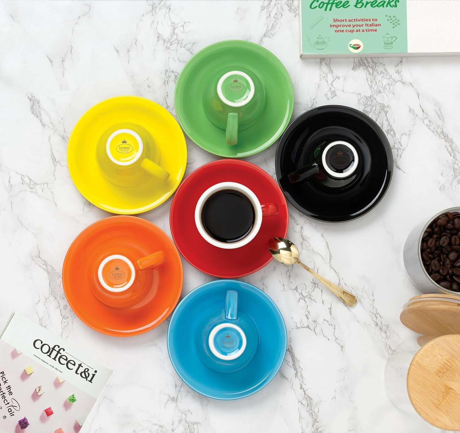 HOMEHUT Espresso Cups and Saucers Set of 6 - 3 Oz Porcelain Demitasse Cups, Mix Coffee Cup Set with Matching Saucers, Microwave and Dishwasher Safe Small Espresso Cups for Home and Café Use