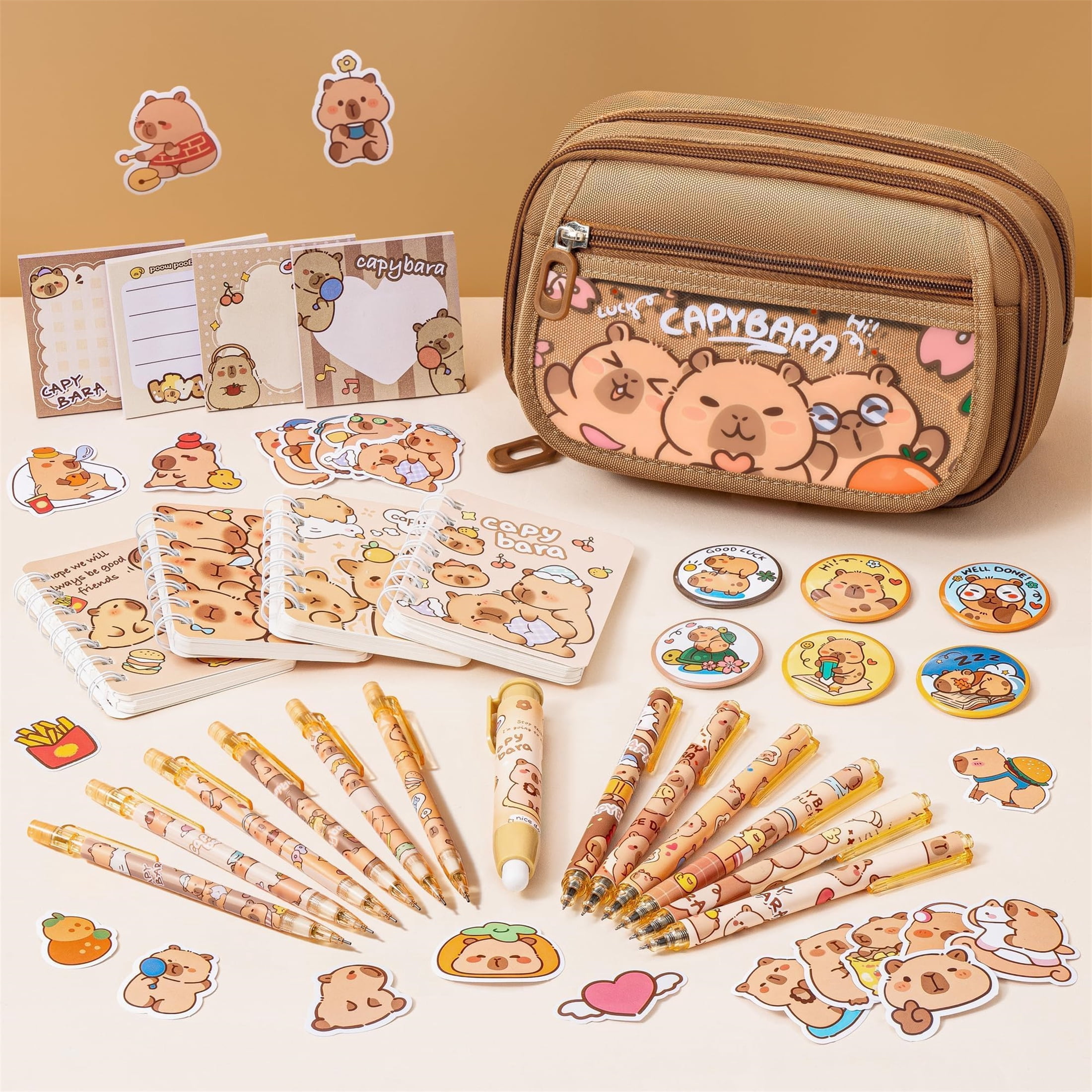 28PCS Kawaii Capybara Backpack with Pencil Case & Stationery Set