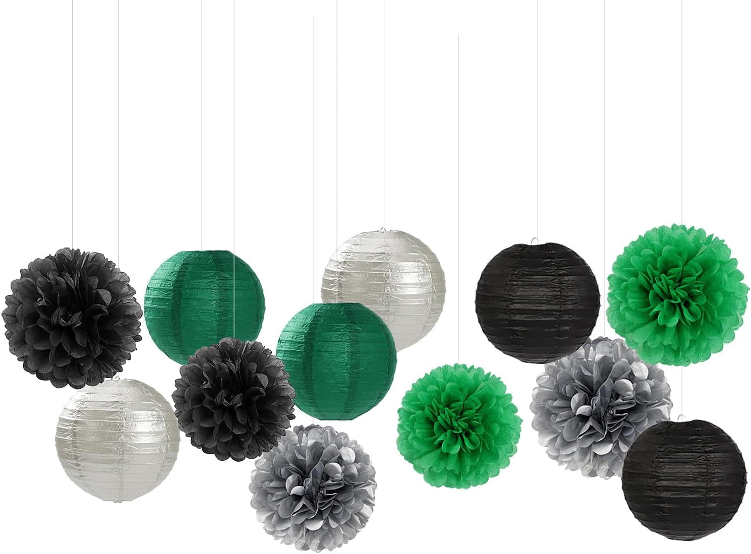 Green-Black Silver Party-Decorations Paper Flowers Lanterns - 15PCS Football Game Day Birthday Tissue Pom Poms Streamers, Bachelorette New Years Hanging Supplies Decor