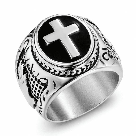 SADELU Men’s Cross Signet Ring Stainless Steel Gothic Inspired Statement Ring with Raised Cross Face and Decorative Side Details Sizes 7-15
