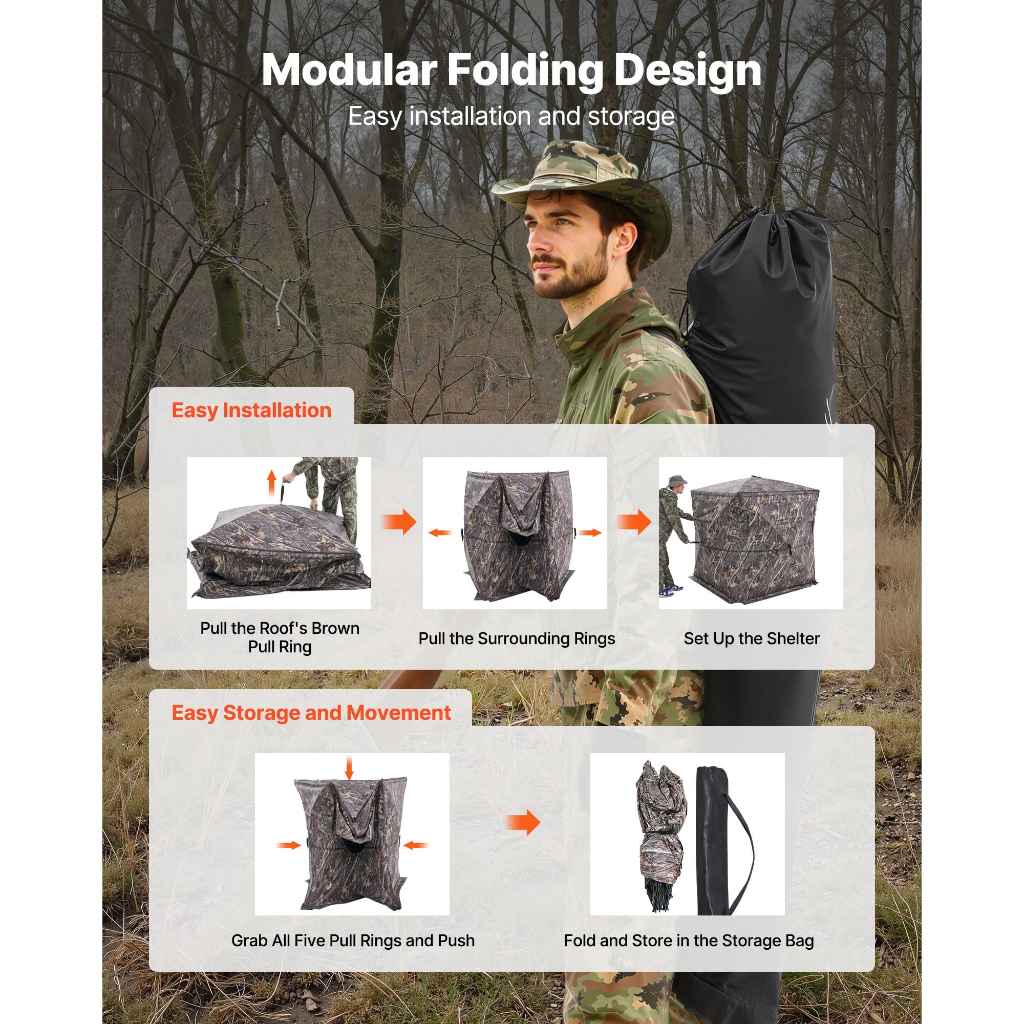 KFFKFF Hunting Blind for 2-3 People, See-Through Ground Tent with Carrying Bag, 360-Degree Portable Camouflage Shelter, Durable Concealed Design with Quiet Side Door and Window