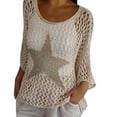 thumbnail image 2 of CHENjy Women's Crochet Tops for Women Summer, 3/4 Sleeve Hollow Out Pullover, Round Neck Beach Swimsuit Cover Up Loose Fit, L，Beige, 2 of 7