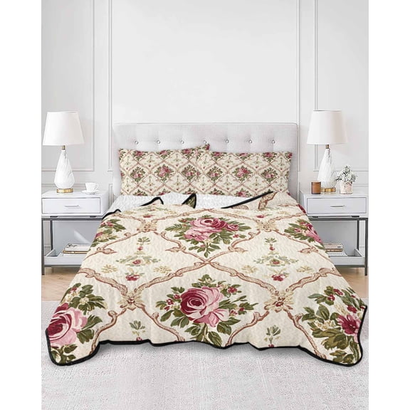 Quilts King Size, Vintage Pink Red Floral Soft Comforter Bedding Set for Bed, Farmhouse Flower Green Leaf Lightweight Quilted Bedspread with Pillow Cover(2 Pieces) for All Season, 96x106 Inch
