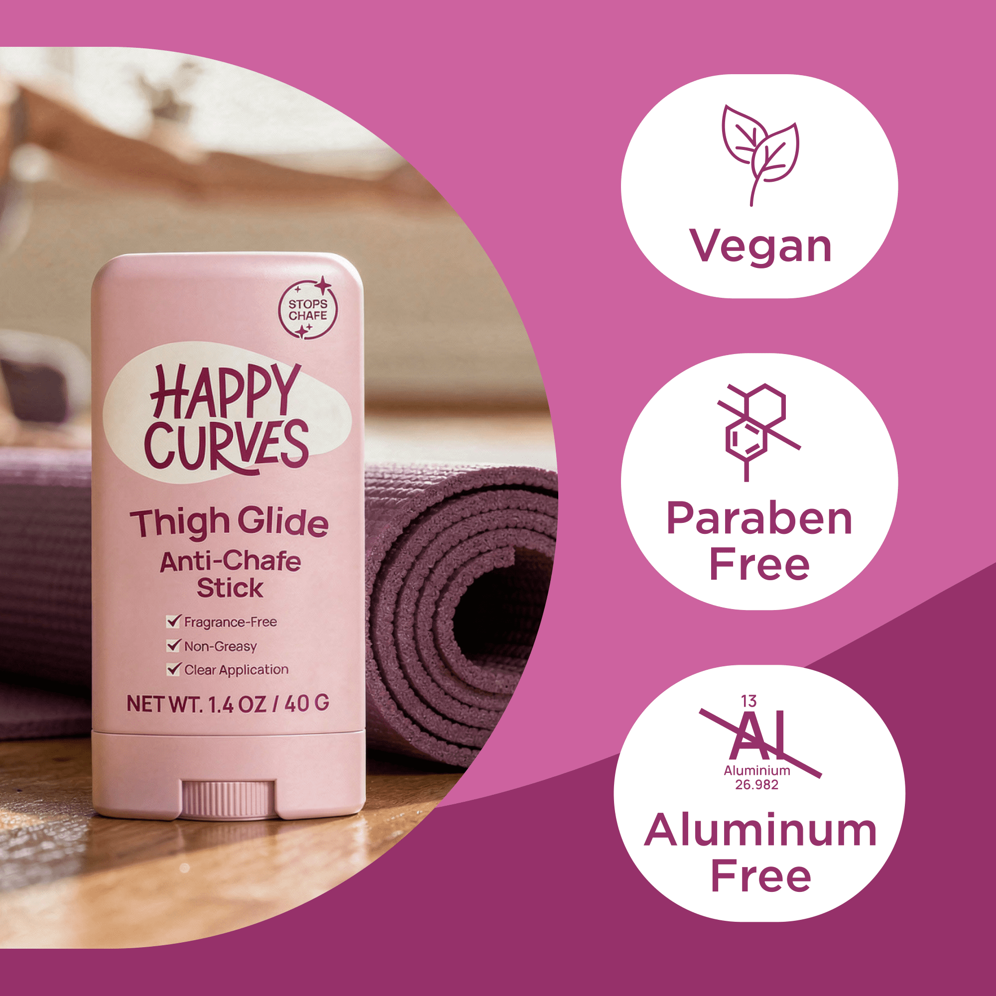 Happy Curves Thigh Glide Anti-Chafe Friction Defense Stick for Women, Fragrance-Free, 1.4oz