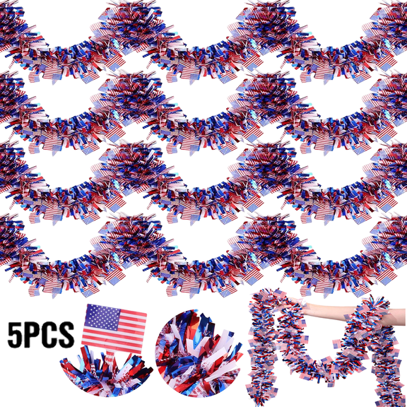 Tumao 33FT 4th of July Patriotic Decor Tinsel Garland Decorations, Red White and Blue USA Flag Garlands for Indoor Outdoor Party Celebration Holiday Independence Day Memorial Day Decor