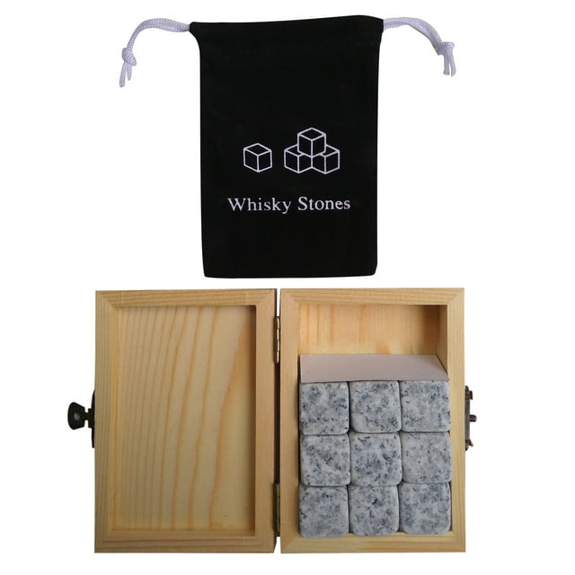 Labymos 9PCS Whiskey Stones Set Chilling Stones Wooden Box Chilling Rocks Reusable Ice Cubes for