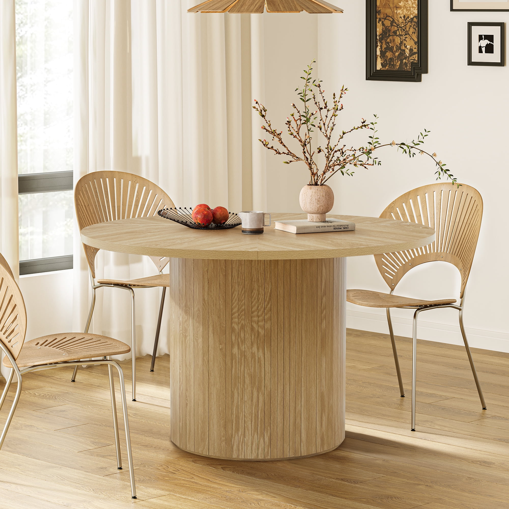 Wirrytor Round Dining Table, Modern Farmhouse Kitchen Table, 47 Inch Circle Dining Tables with Wood Strip Base for Kitchen Living Room (Natural)