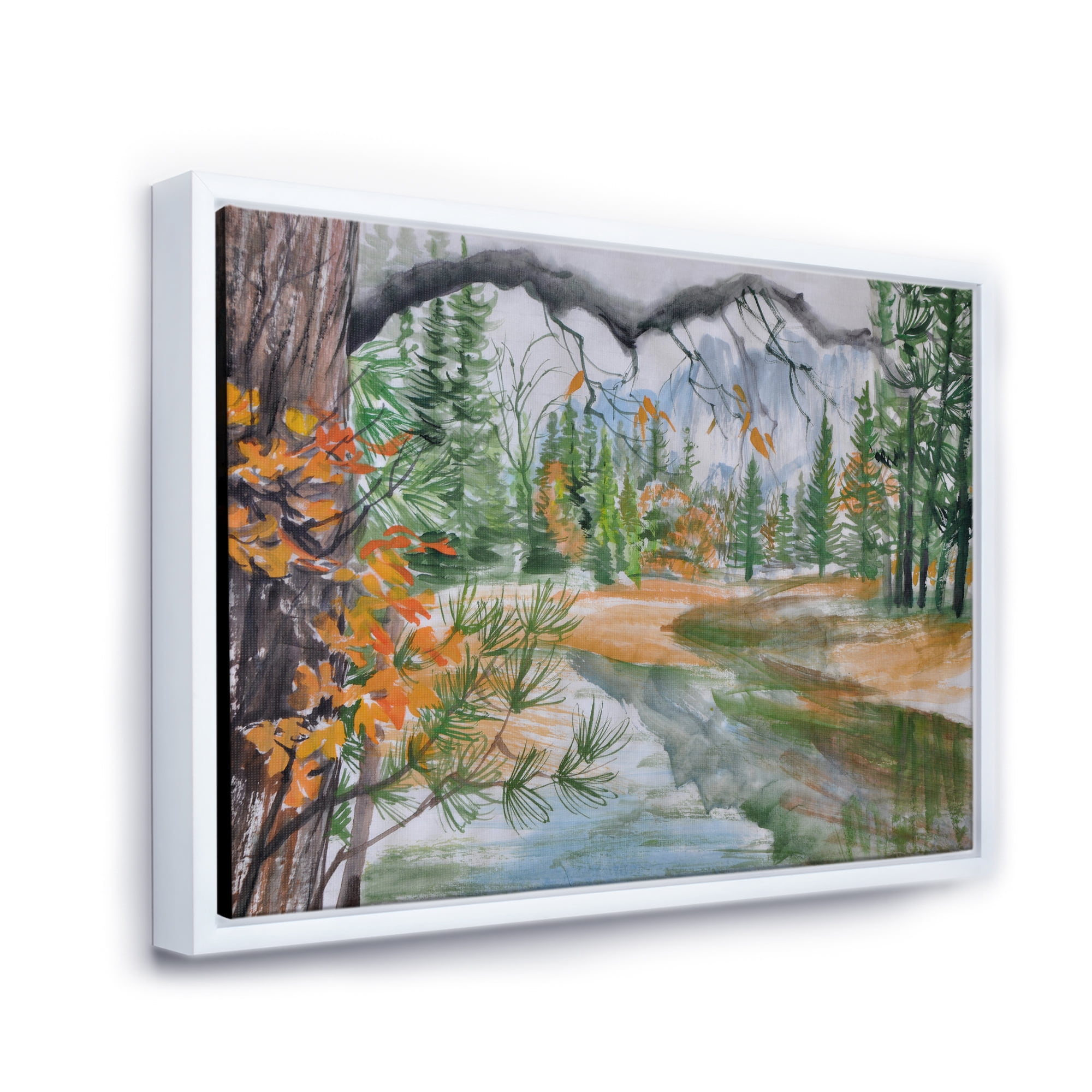 Designart 'Trees With River In Autumn Forest' Lake House Framed Canvas Wall Art Print
