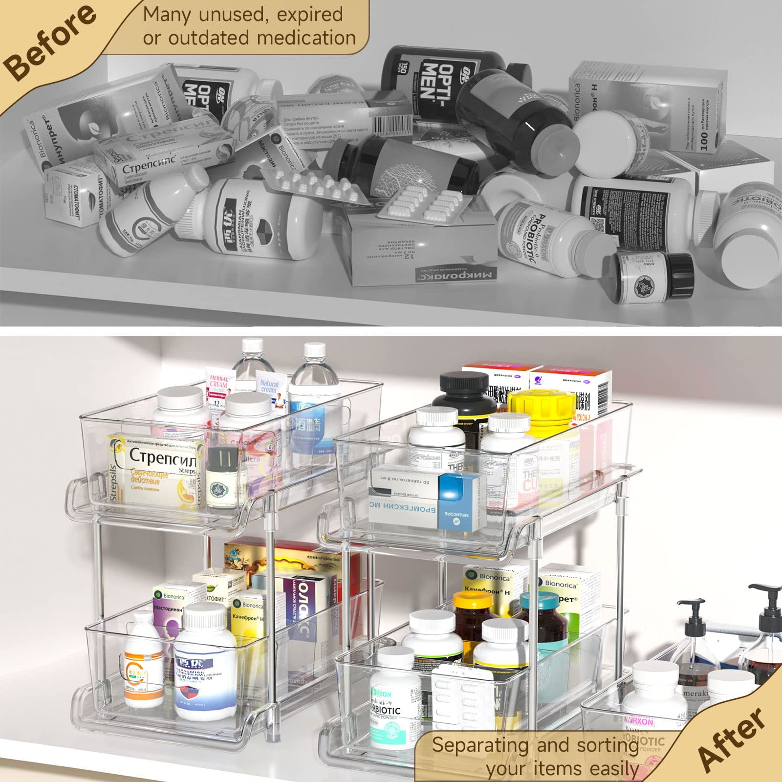 2-Tier Bathroom Organizer with Dividers, Clear Under Sink and Pull-Out Cabinet Storage for Kitchen and Pantry Organization
