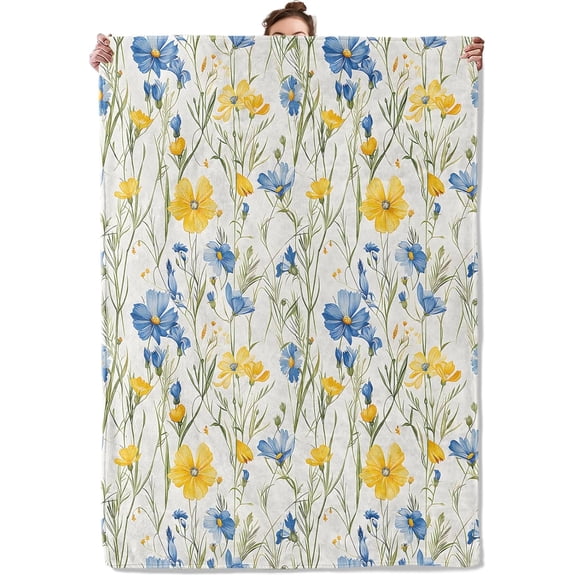 Wildflower Meadow Throw Blanket for Couch Picnic Camping Bedroom Decor, Vibrant Yellow Blue Floral Pattern, Super Soft Cozy Plush Fluffy Fleece Blankets Gifts for Kids Adults, 50x40 Inch