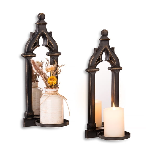 Sziqiqi Set of 2 Black Wall Candle Holders with Mirror: Rustic Distressed Wood Gothic Wall Sconces for Home Decor Farmhouse Candles Display