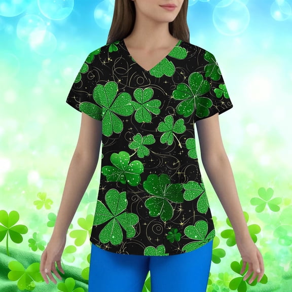 YOIAVAIOY Green St.Patrick's Day Scrubs Tops for Women Irish Shamrock Printed V Neck Nurse Working Uniforms Summer Short Sleeve Holiday Blouse T-Shirt M