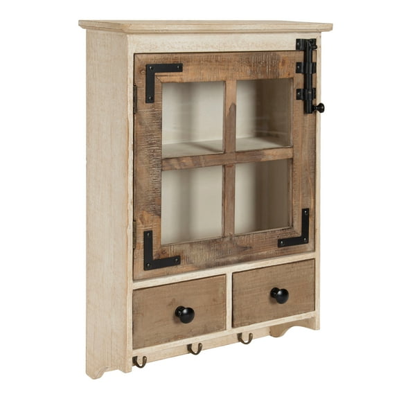 Kate and Laurel Hutchins Decorative Farmhouse Wall Cabinet, 15 x 5.5 x 23, Rustic Brown and White, Rustic Wood Cabinet with Windowpane Glass Door, 2 Shelves, and 2 Storage Drawers