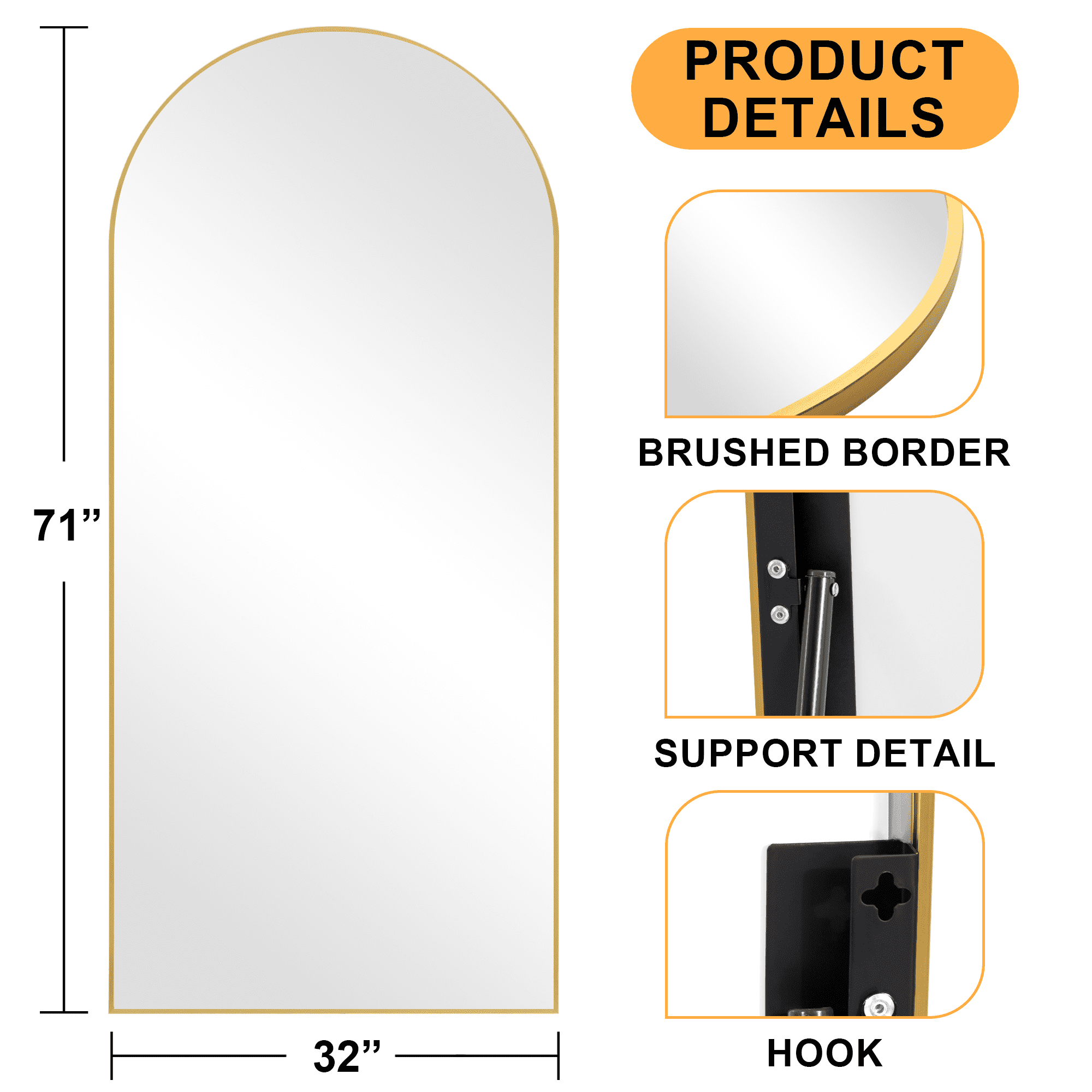 MAYEERTY 71" x 32" Gold Modern Arched Full Length Floor Mirror