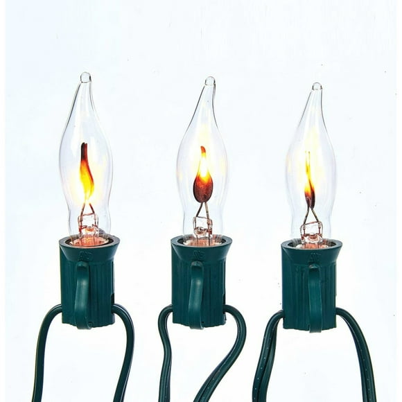 KSA Set of 10 Amber Flicker Flame Lights, Green Wire