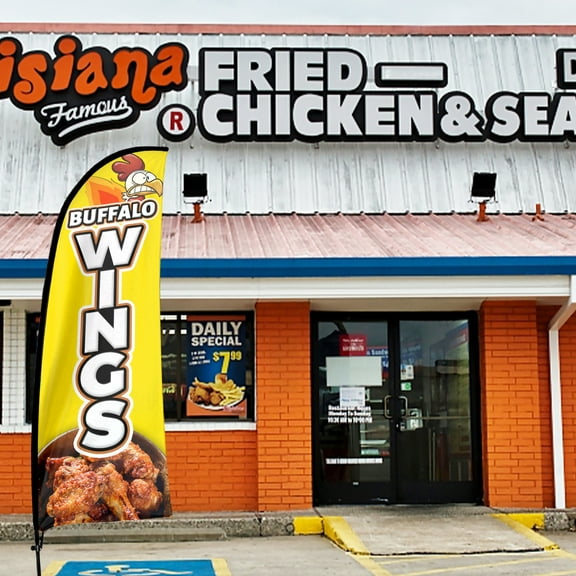 QSUM Buffalo Wings Sign Feather Flag with Pole Kit,7FT Buffalo Wings Decoration Display, Buffalo Wings Business Sign,Buffalo Wings Swooper Flag，Advertising Flag