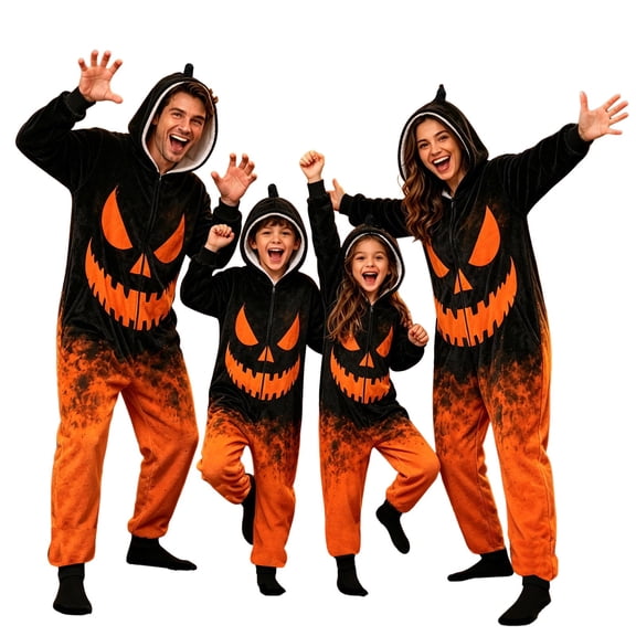 Halloween Pumpkin Print Flannel Hooded One Piece Pajamas Full Zip Long Sleeve Family Matching Loungewear For Holiday Party Daily Home Wear