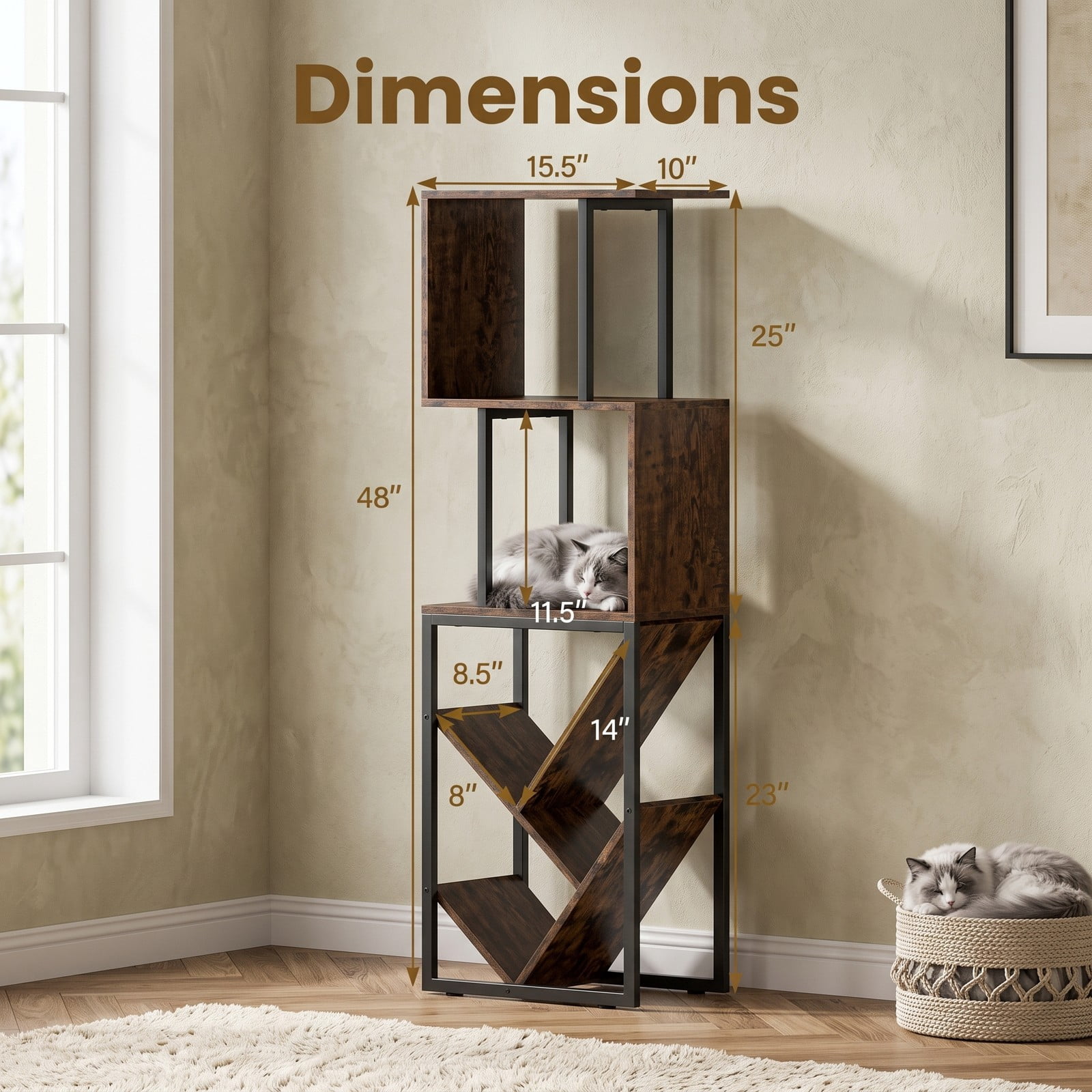 Furnibear 6-Tier S-Shaped Bookshelf, Tree Geometric Bookcase Floor Standing Storage Rack with Open Shelves and Anti-Tip Kit for Living Room, Rustic Brown and Black